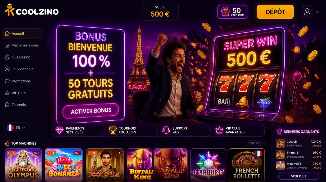 Un joueur heureux devant une machine à sous virtuelle, montant 500 €, 50 tours gratuits 