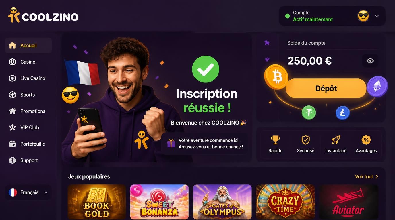 Inscription express, compte actif immédiatement, dépôts crypto instantanés.