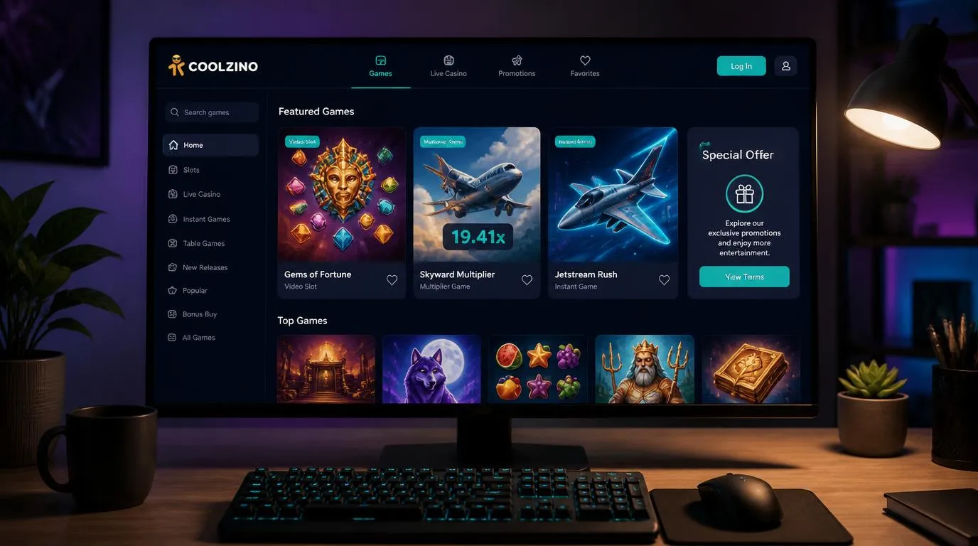Interface de casino sur ordinateur avec catalogue de machines à sous et jeux à multiplicateur
