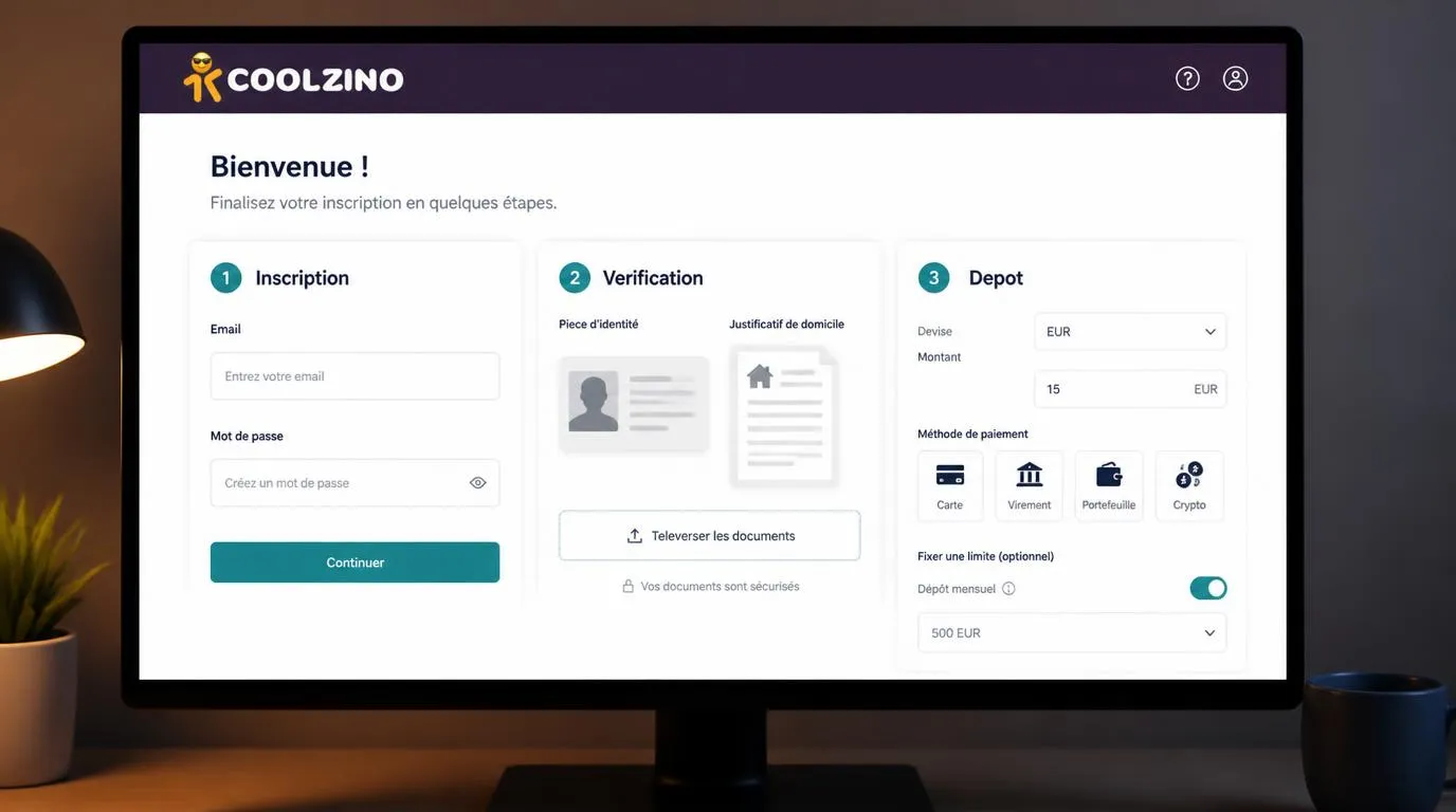 Interface d’inscription avec vérification d’identité et caisse affichant un dépôt de 15 EUR