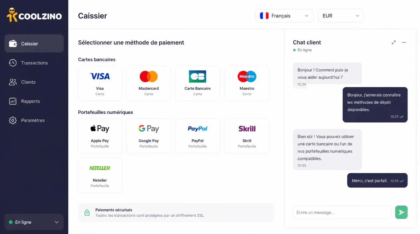 Interface de caisse en français avec sélection EUR, options de paiement et fenêtre de chat ouverte