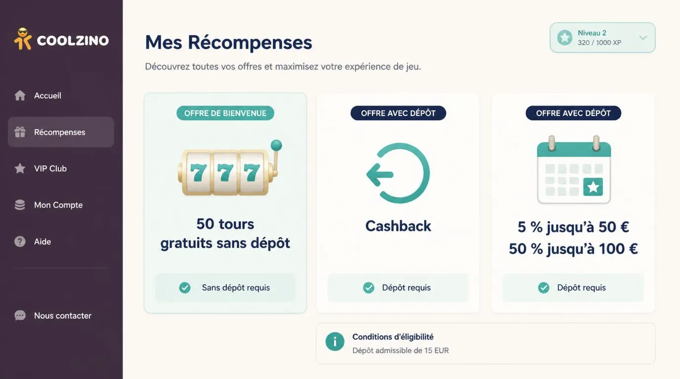 Tableau des récompenses avec 50 tours gratuits, cashback hebdomadaire et bonus de rechargement