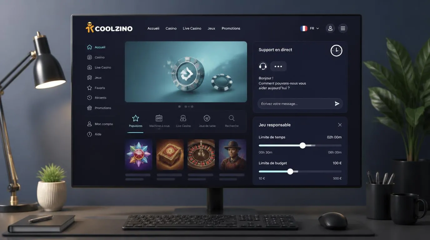 Interface illustrative avec une offre de tours gratuits, un chat ouvert et des réglages de limites de jeu