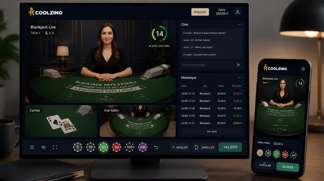 Interface de casino live avec croupière, chat latéral, historique des mises et vues rapprochées de la table